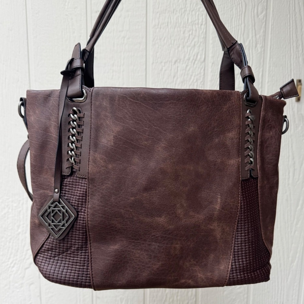 Distressed Brown Vegan Leather Tote Bag Chain Detail Quilted Panels Shoulder Bag